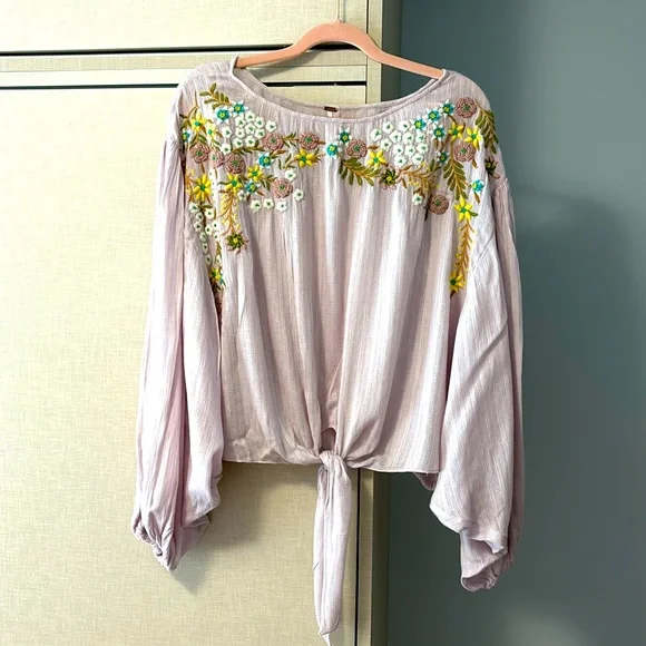 Free People Embroidered Blouse - Lavender with Floral Accents - Picture 1 of 6